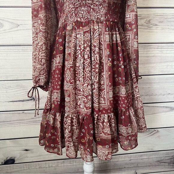 Polly Burgundy Patterned Ruffle Neck Long Sleeve Fit & Flare Dress - Picture 7 of 12